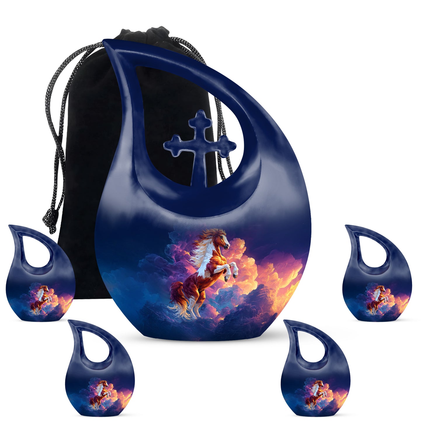 Powder Blue Horse Cremation Urn urn with complimentary velvet bag - cross and horse combined in spiritual memorial design - memorial set with one large and four small urns