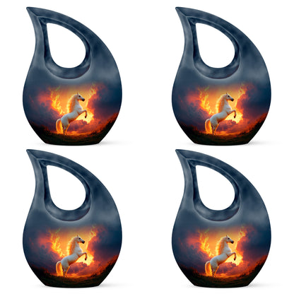 Garnet Red Horse Cremation Urn lifestyle display on memorial shelf - sacred cross merged with horse motif on metal - 10 inch aluminum urn for cremated remains