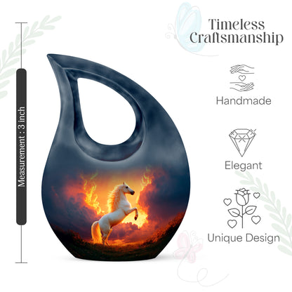 Deep Red Horse Cremation Urn back view with polished surface - sacred cross merged with horse motif on metal - mini keepsake memorial for portion of cremation ashes
