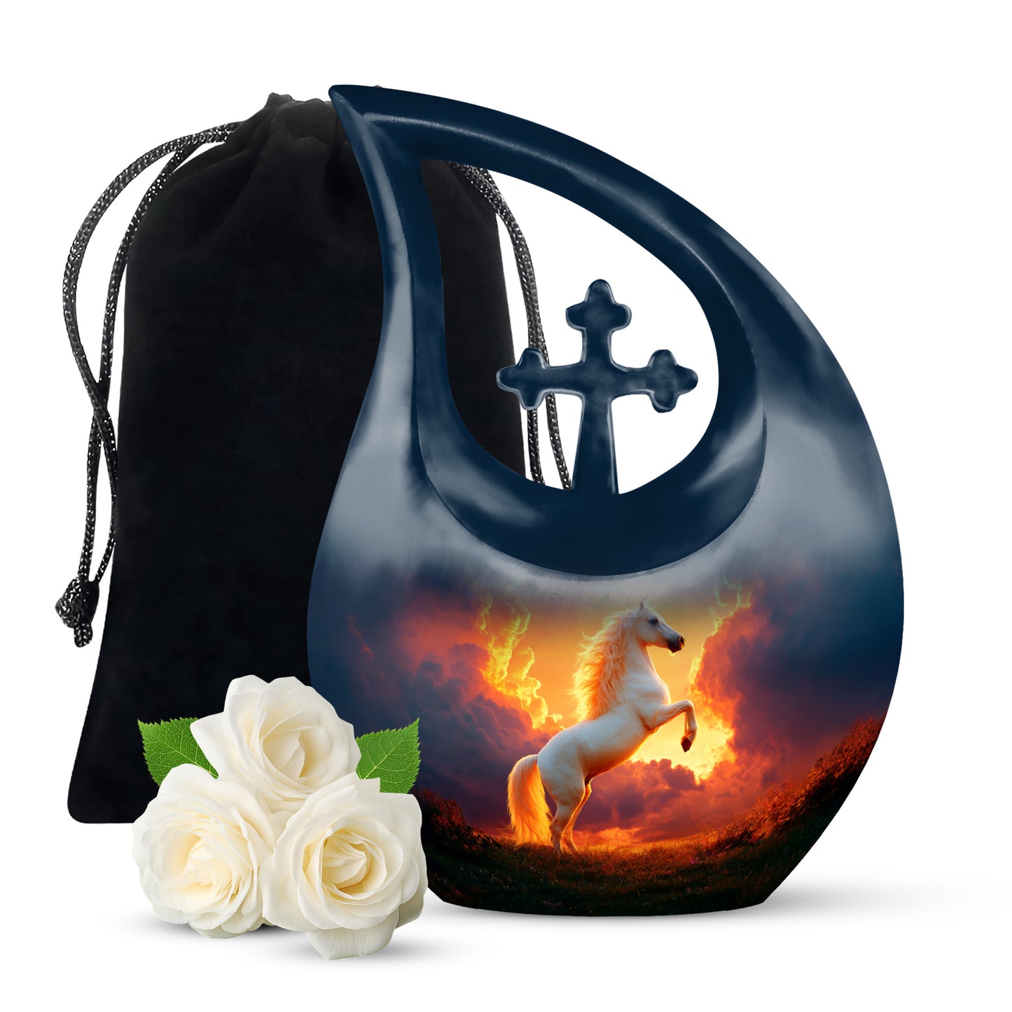 Garnet Red Horse Cremation Urn top-down view of secure threaded lid - sacred cross merged with horse motif on metal - full-size 10 inch 200 cubic inch adult cremation urn