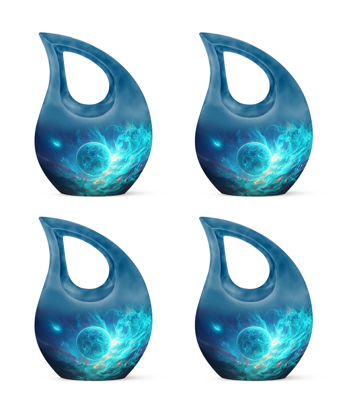 Serene Blue Galaxy Cremation Urn lifestyle display on memorial shelf - faith-inspired cross-drop urn with galaxy pattern - 10 inch aluminum urn for cremated remains