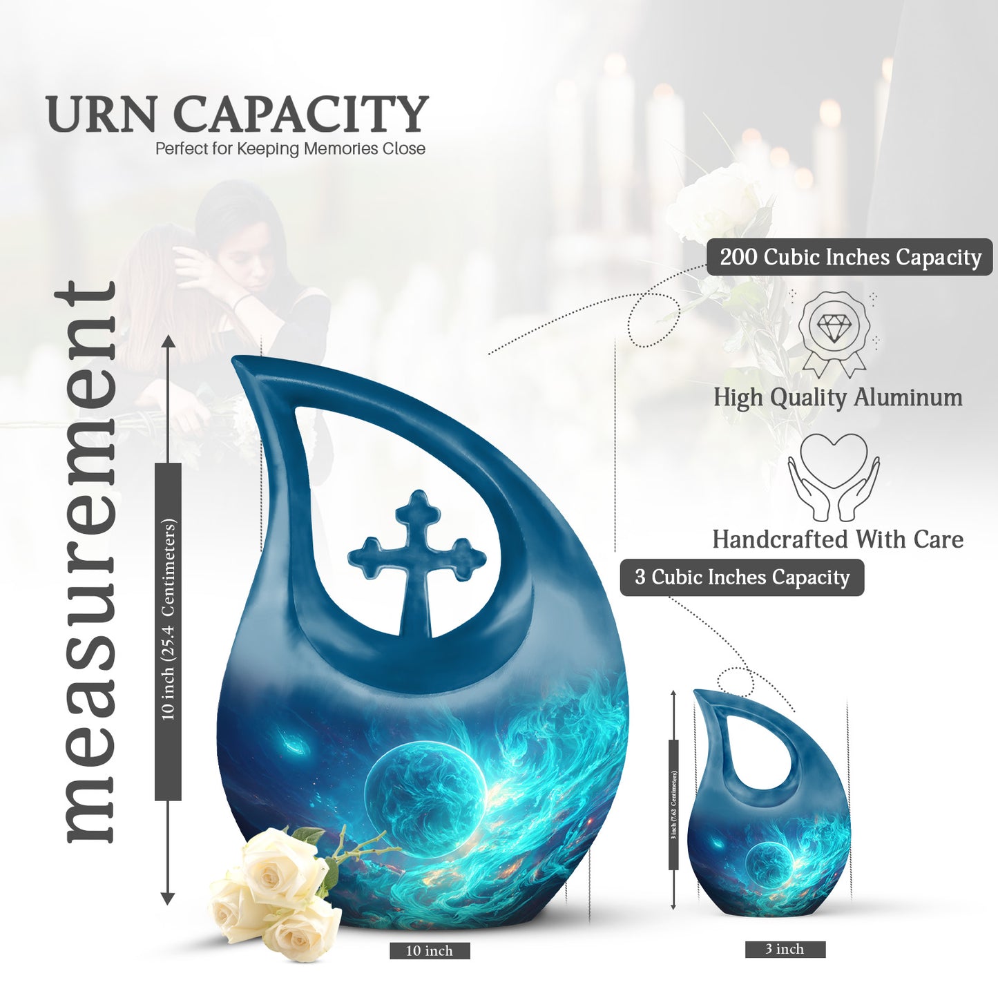 Navy Blue Galaxy Cremation Urn back view with polished surface - cross and galaxy combined in spiritual memorial design - mini keepsake memorial for portion of cremation ashes