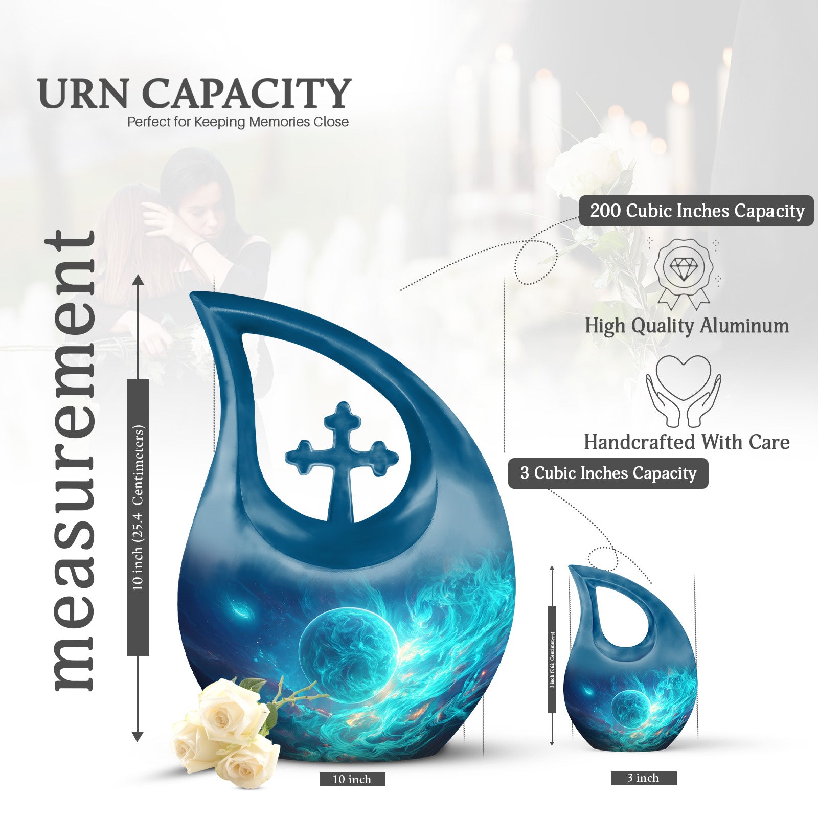 Navy Blue Galaxy Cremation Urn back view with polished surface - cross and galaxy combined in spiritual memorial design - mini keepsake memorial for portion of cremation ashes