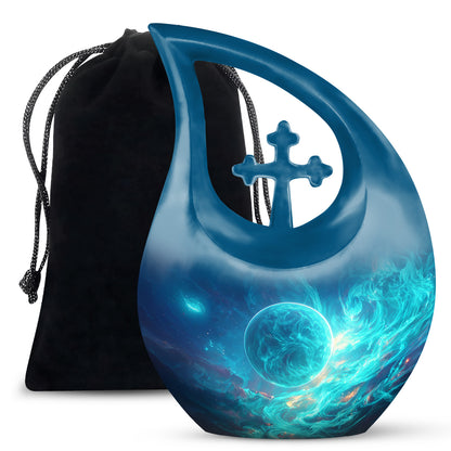 Bright Blue Galaxy Cremation Urn top-down view of secure threaded lid - devotional cross-drop galaxy engraving - full-size 10 inch 200 cubic inch adult cremation urn