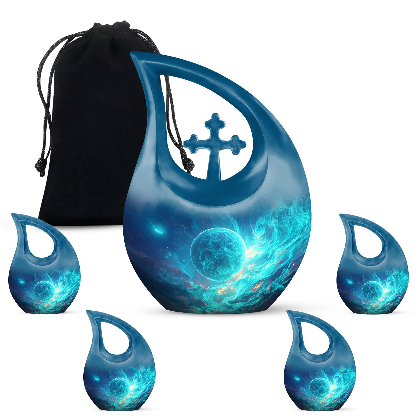 Celestial Blue Galaxy Cremation Urn urn with complimentary velvet bag - cross and galaxy combined in spiritual memorial design - memorial set with one large and four small urns