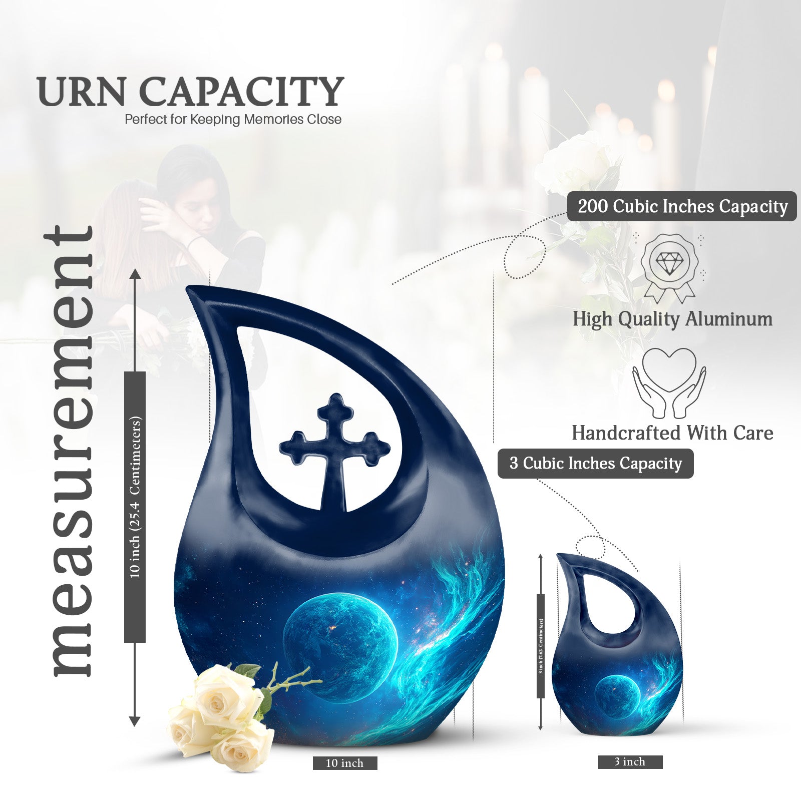 Cobalt Blue Galaxy Cremation Urn back view with polished surface - faith-inspired cross-drop urn with galaxy pattern - mini keepsake memorial for portion of cremation ashes