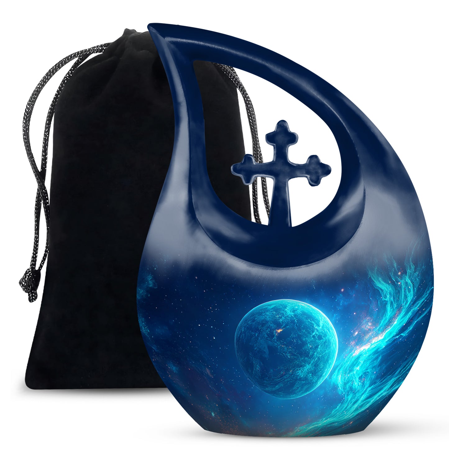 Azure Galaxy Cremation Urn top-down view of secure threaded lid - sacred cross merged with galaxy motif on metal - full-size 10 inch 200 cubic inch adult cremation urn