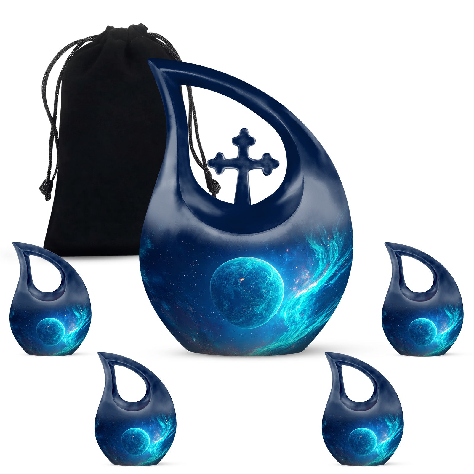 Bright Blue Galaxy Cremation Urn urn with complimentary velvet bag - faith-inspired cross-drop urn with galaxy pattern - memorial set with one large and four small urns