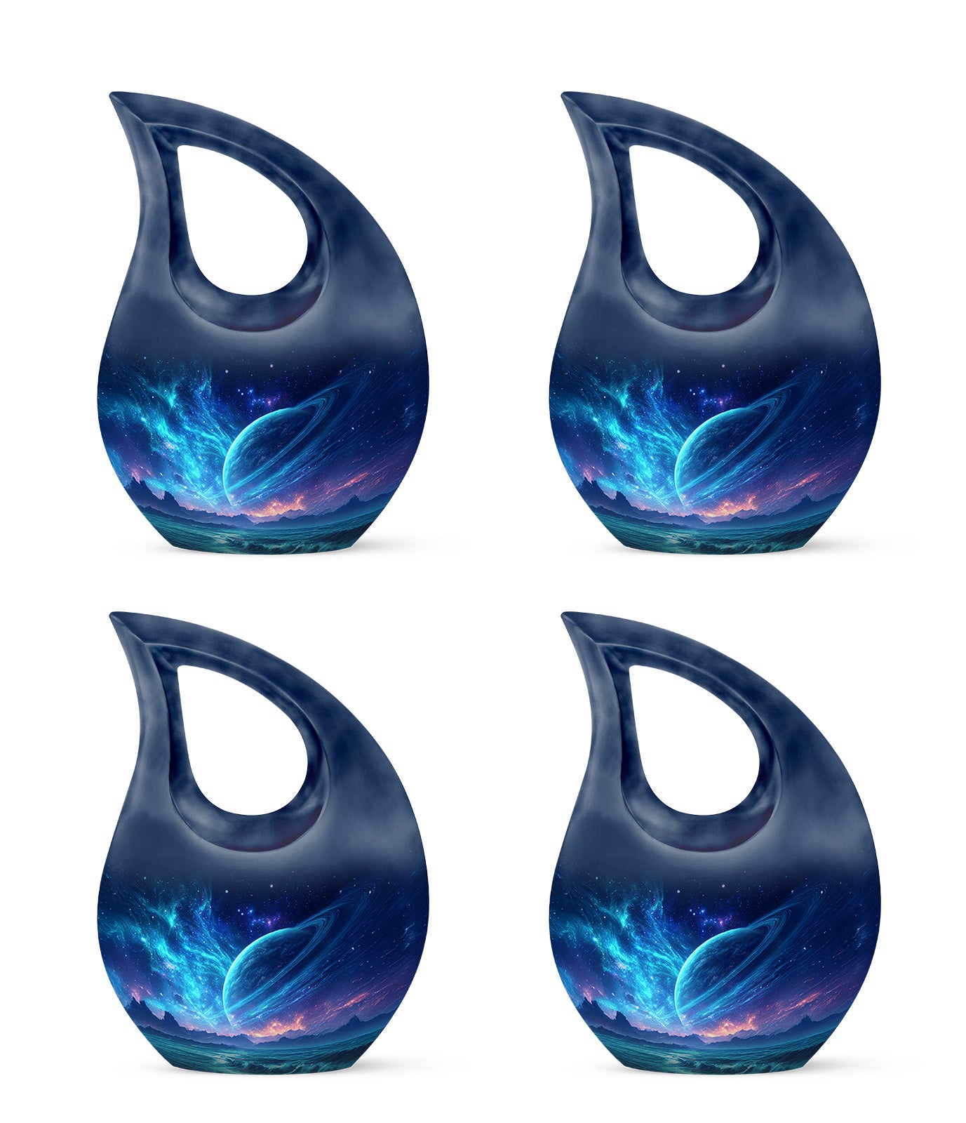Bright Blue Galaxy Cremation Urn lifestyle display on memorial shelf - faith-inspired cross-drop urn with galaxy pattern - 10 inch aluminum urn for cremated remains