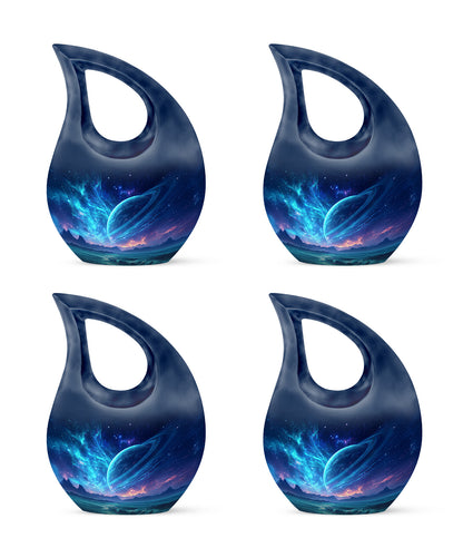 Bright Blue Galaxy Cremation Urn lifestyle display on memorial shelf - faith-inspired cross-drop urn with galaxy pattern - 10 inch aluminum urn for cremated remains