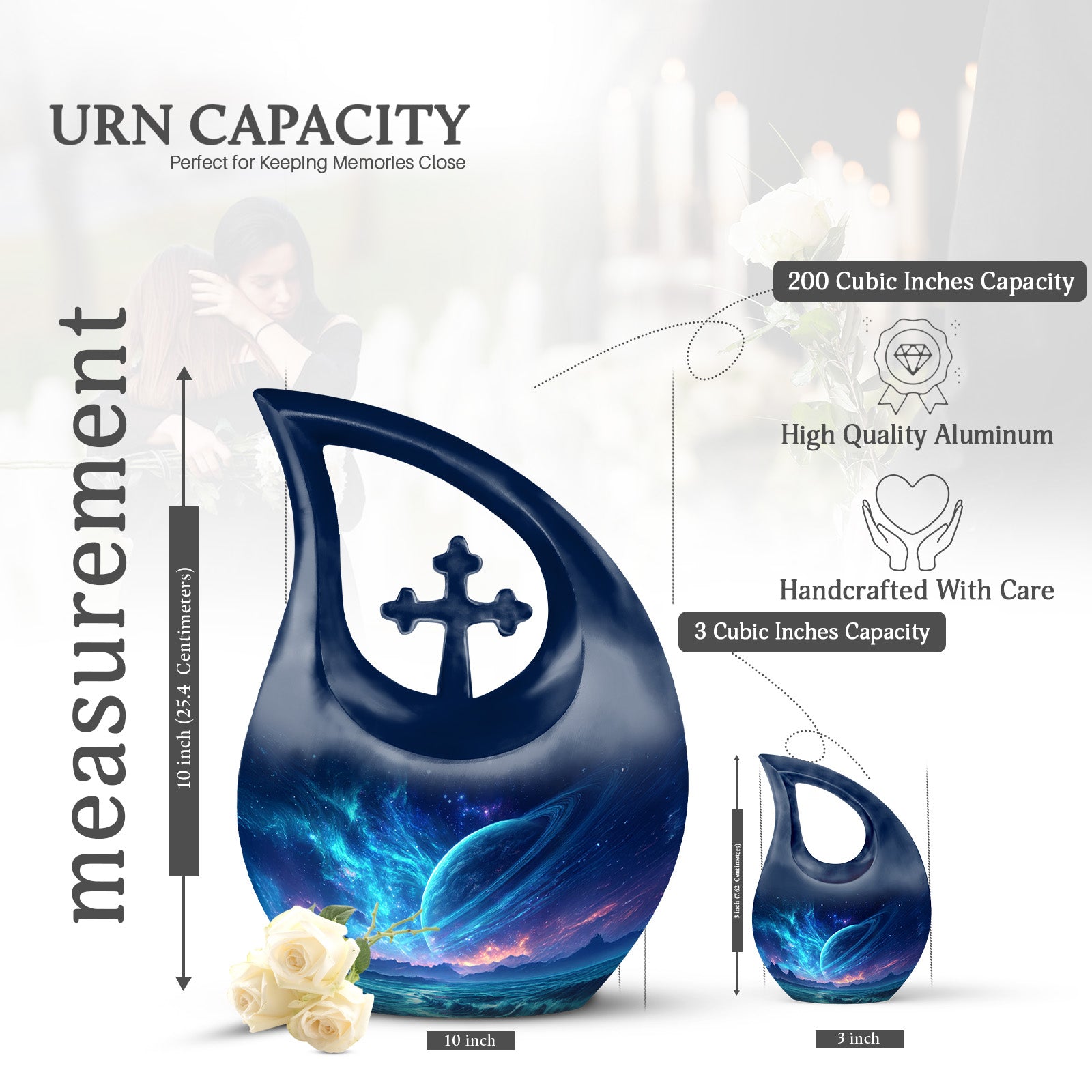 Azure Galaxy Cremation Urn back view with polished surface - sacred cross merged with galaxy motif on metal - mini keepsake memorial for portion of cremation ashes