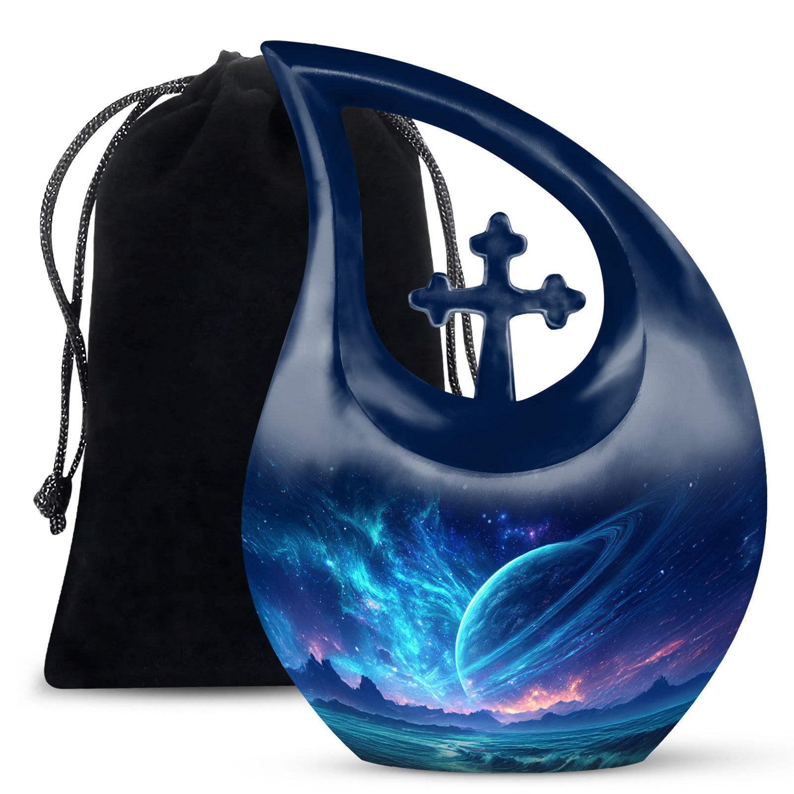 Vivid Blue Galaxy Cremation Urn top-down view of secure threaded lid - faith-inspired cross-drop urn with galaxy pattern - full-size 10 inch 200 cubic inch adult cremation urn