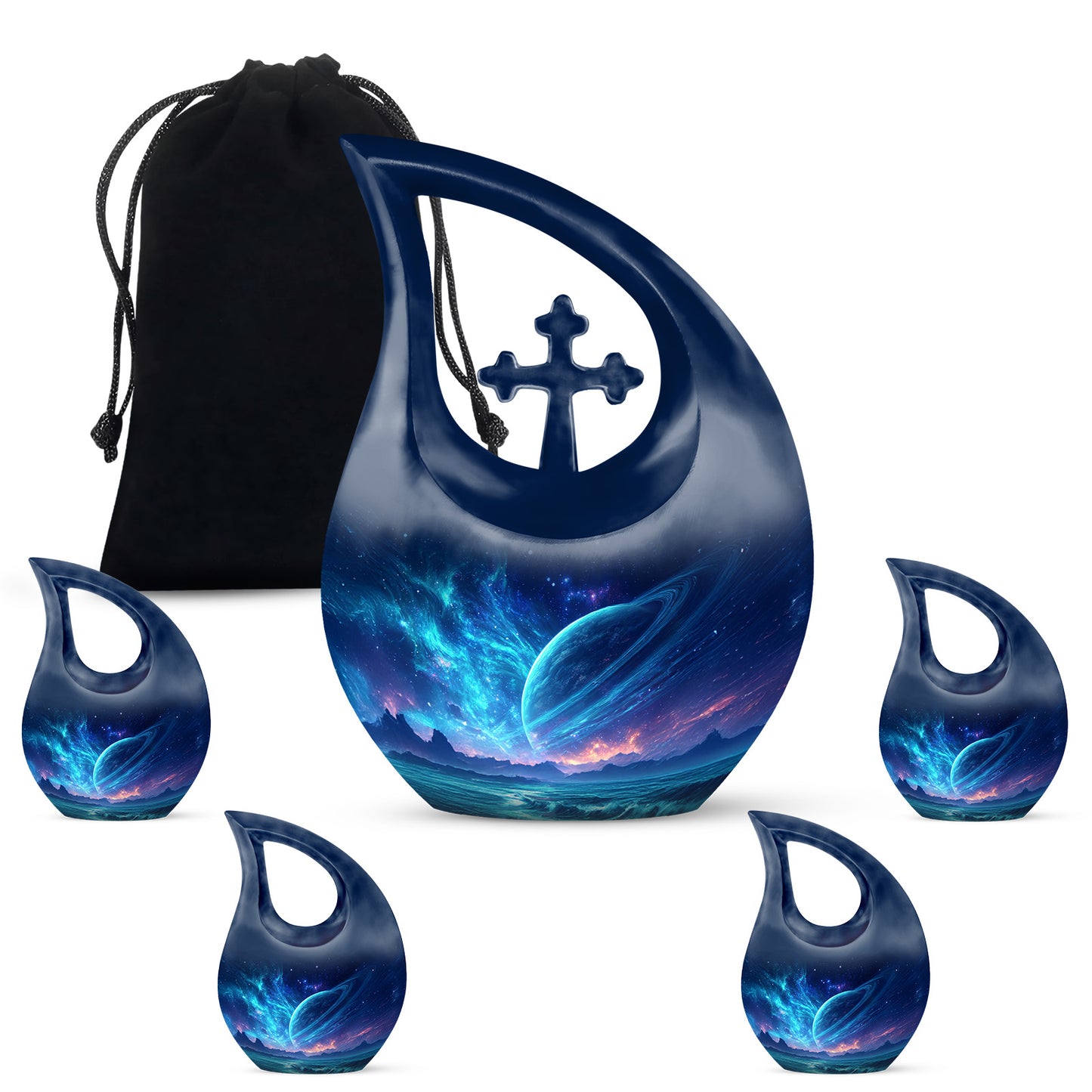 Icy Blue Galaxy Cremation Urn urn with complimentary velvet bag - sacred cross merged with galaxy motif on metal - memorial set with one large and four small urns