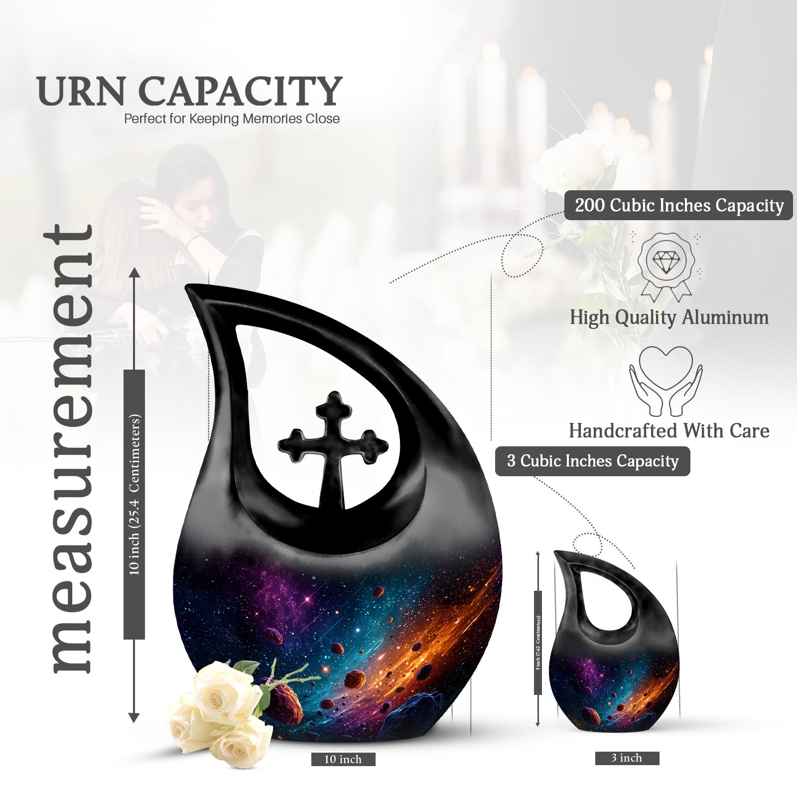 Celestial Blue Galaxy Cremation Urn back view with polished surface - sacred cross merged with galaxy motif on metal - mini keepsake memorial for portion of cremation ashes