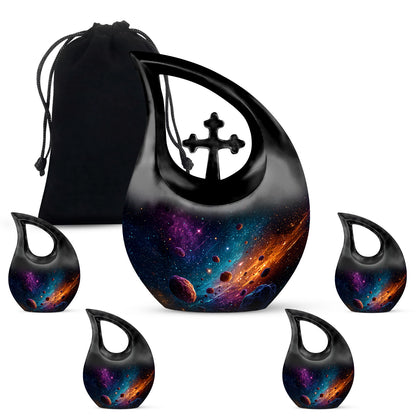 Indigo Galaxy Cremation Urn urn with complimentary velvet bag - cross and galaxy combined in spiritual memorial design - memorial set with one large and four small urns