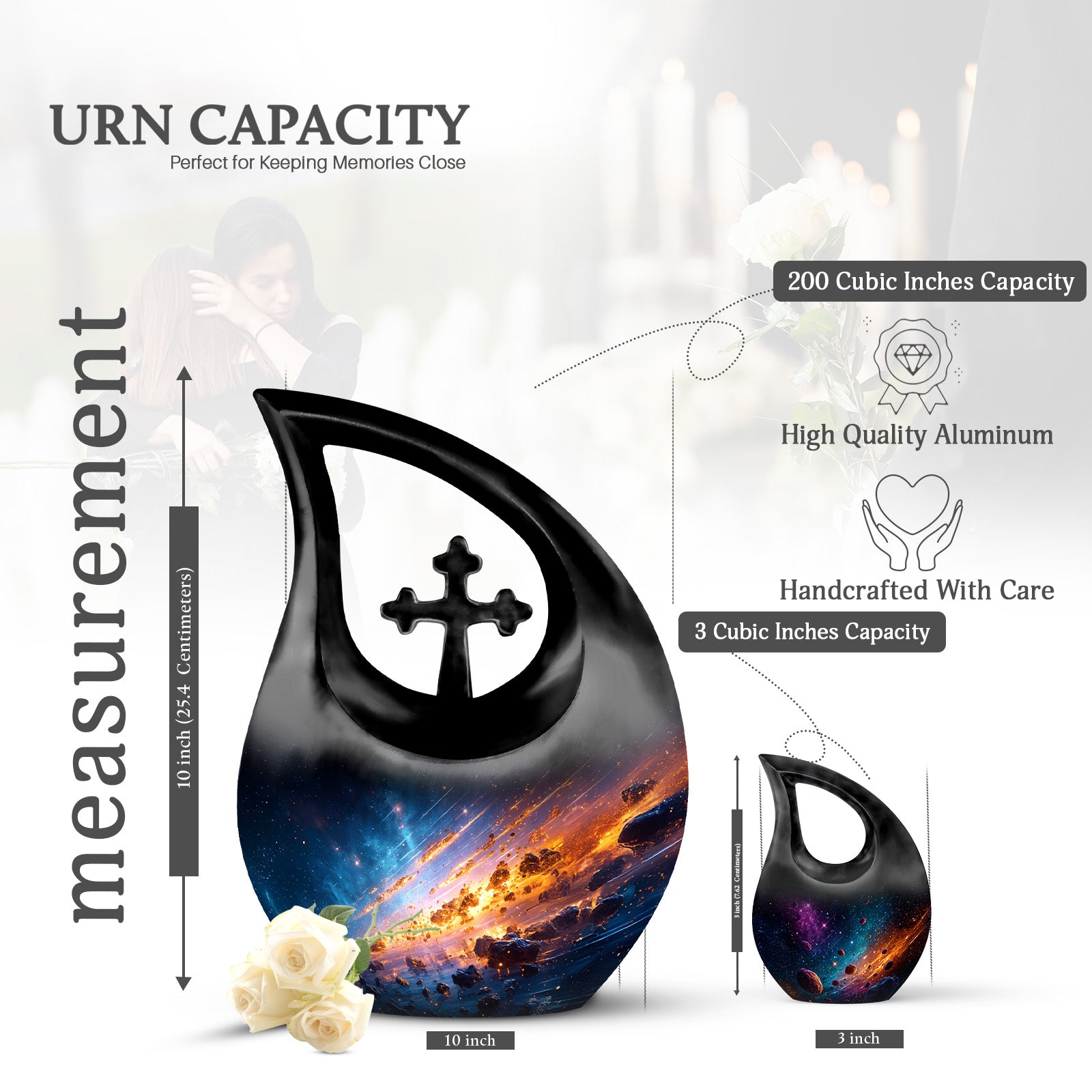 Azure Galaxy Cremation Urn back view with polished surface - sacred cross merged with galaxy motif on metal - mini keepsake memorial for portion of cremation ashes