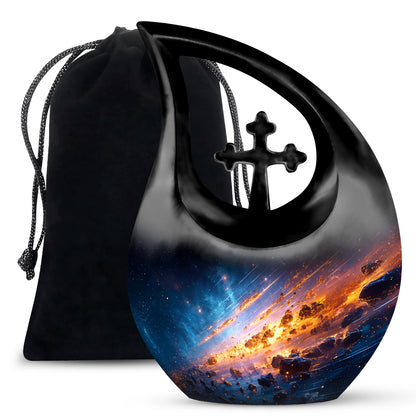 Bright Blue Galaxy Cremation Urn top-down view of secure threaded lid - devotional cross-drop galaxy engraving - full-size 10 inch 200 cubic inch adult cremation urn
