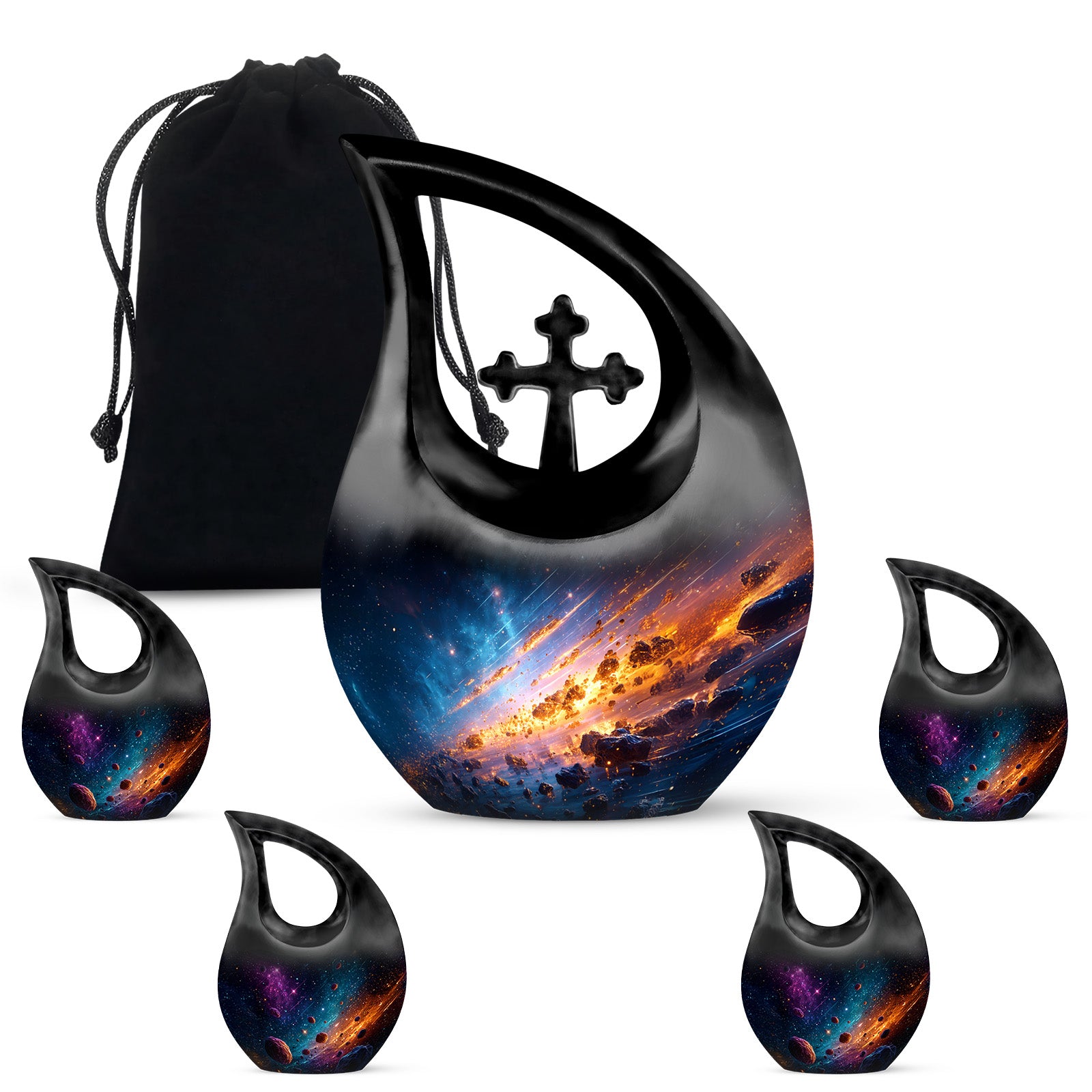 Powder Blue Galaxy Cremation Urn urn with complimentary velvet bag - sacred cross merged with galaxy motif on metal - memorial set with one large and four small urns
