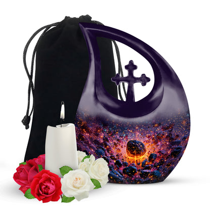 Calming Blue Galaxy Cremation Urn top-down view of secure threaded lid - faith-inspired cross-drop urn with galaxy pattern - full-size 10 inch 200 cubic inch adult cremation urn