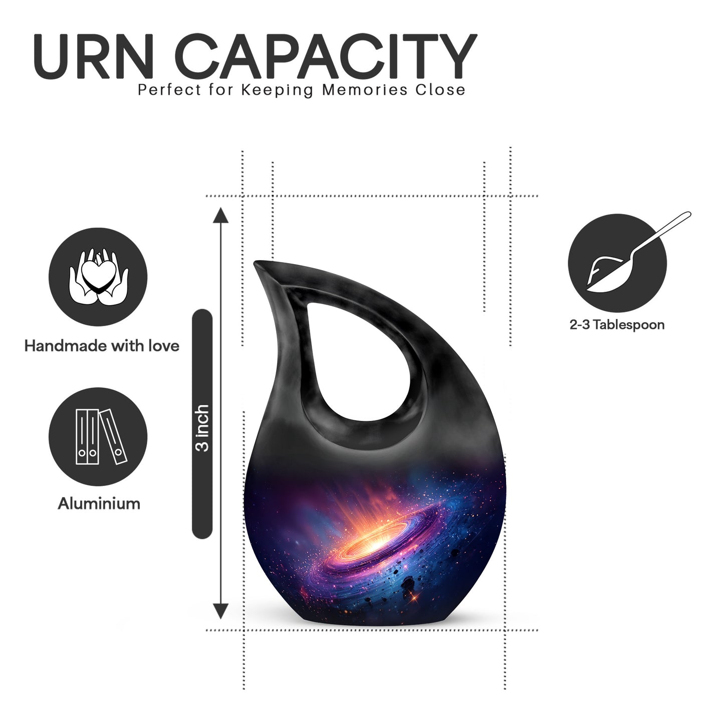 Celestial Blue Galaxy Cremation Urn back view with polished surface - cross and galaxy combined in spiritual memorial design - mini keepsake memorial for portion of cremation ashes