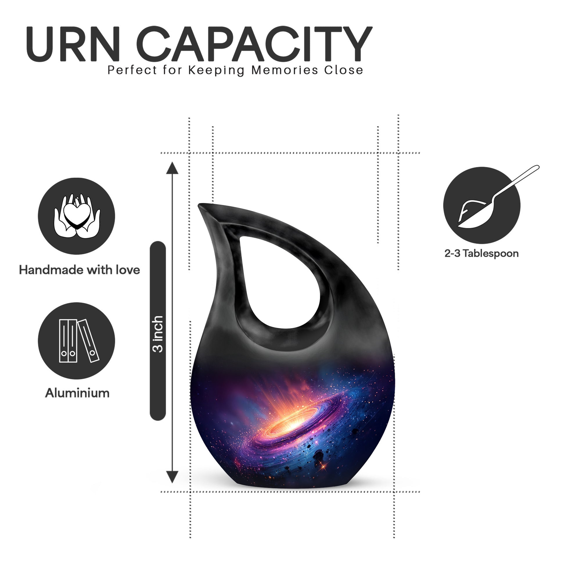 Celestial Blue Galaxy Cremation Urn back view with polished surface - cross and galaxy combined in spiritual memorial design - mini keepsake memorial for portion of cremation ashes