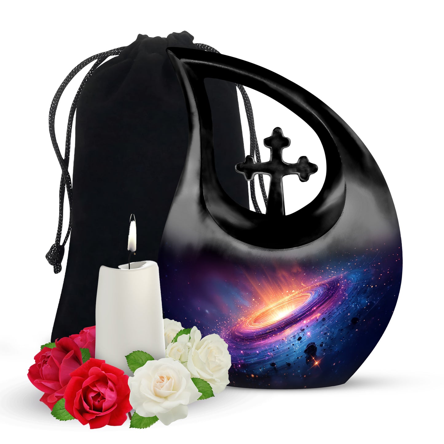 Sapphire Blue Galaxy Cremation Urn top-down view of secure threaded lid - devotional cross-drop galaxy engraving - full-size 10 inch 200 cubic inch adult cremation urn