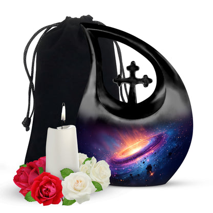Sapphire Blue Galaxy Cremation Urn top-down view of secure threaded lid - devotional cross-drop galaxy engraving - full-size 10 inch 200 cubic inch adult cremation urn