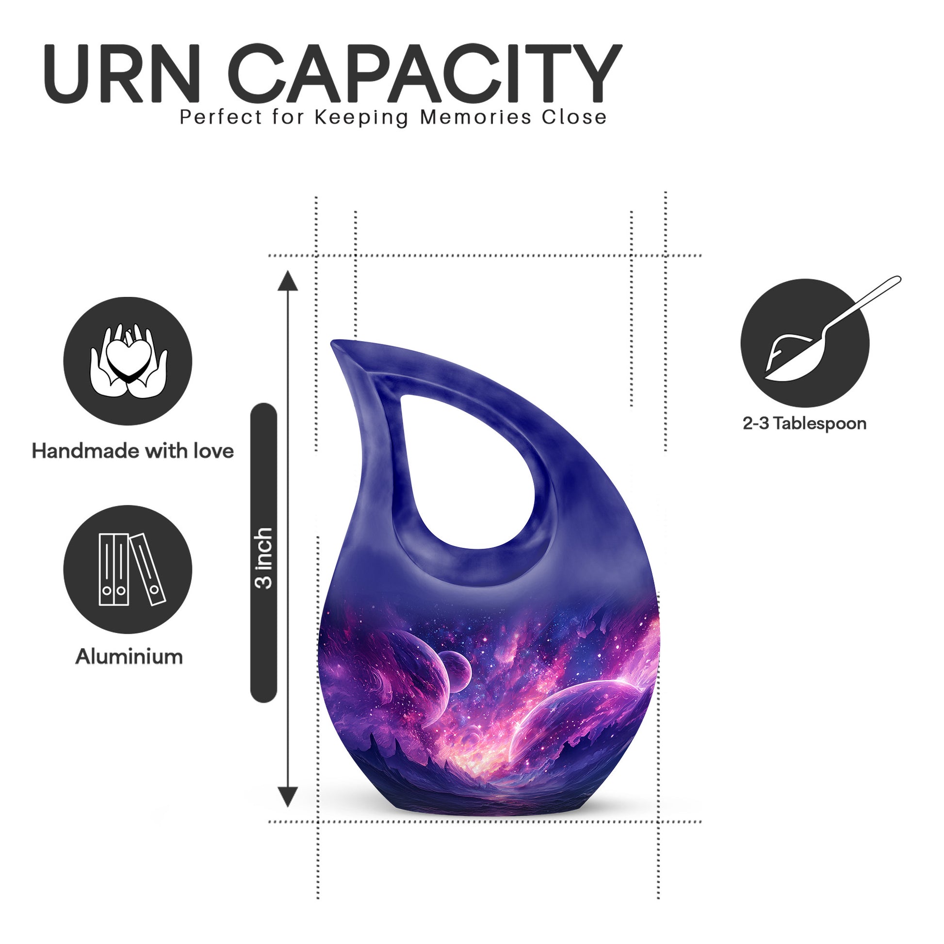 Indigo Galaxy Cremation Urn back view with polished surface - cross and galaxy combined in spiritual memorial design - mini keepsake memorial for portion of cremation ashes