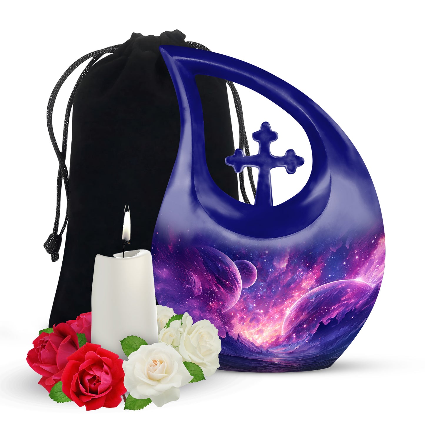 Cobalt Blue Galaxy Cremation Urn top-down view of secure threaded lid - devotional cross-drop galaxy engraving - full-size 10 inch 200 cubic inch adult cremation urn