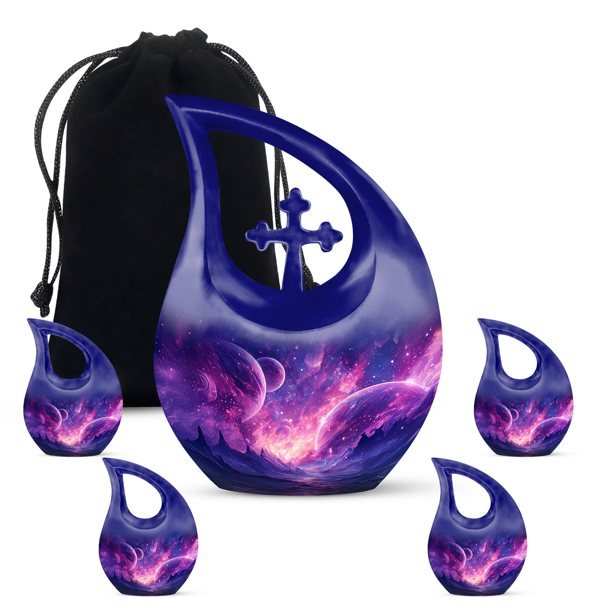 Misty Blue Galaxy Cremation Urn urn with complimentary velvet bag - sacred cross merged with galaxy motif on metal - memorial set with one large and four small urns