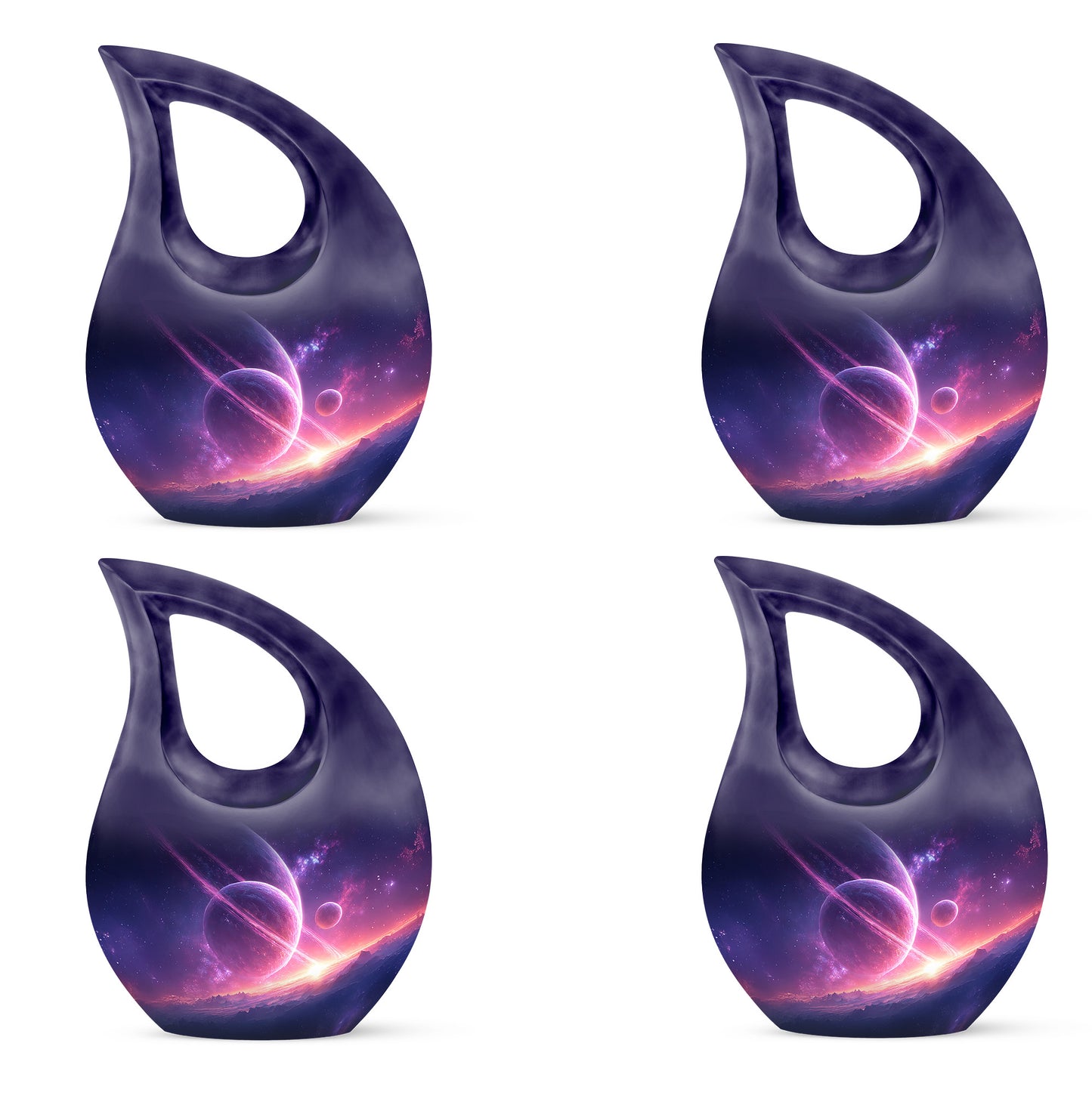 Dusty Blue Galaxy Cremation Urn lifestyle display on memorial shelf - sacred cross merged with galaxy motif on metal - 10 inch aluminum urn for cremated remains