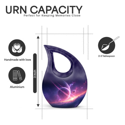 Dusty Blue Galaxy Cremation Urn back view with polished surface - cross and galaxy combined in spiritual memorial design - mini keepsake memorial for portion of cremation ashes