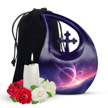 Sky Blue Galaxy Cremation Urn top-down view of secure threaded lid - sacred cross merged with galaxy motif on metal - full-size 10 inch 200 cubic inch adult cremation urn