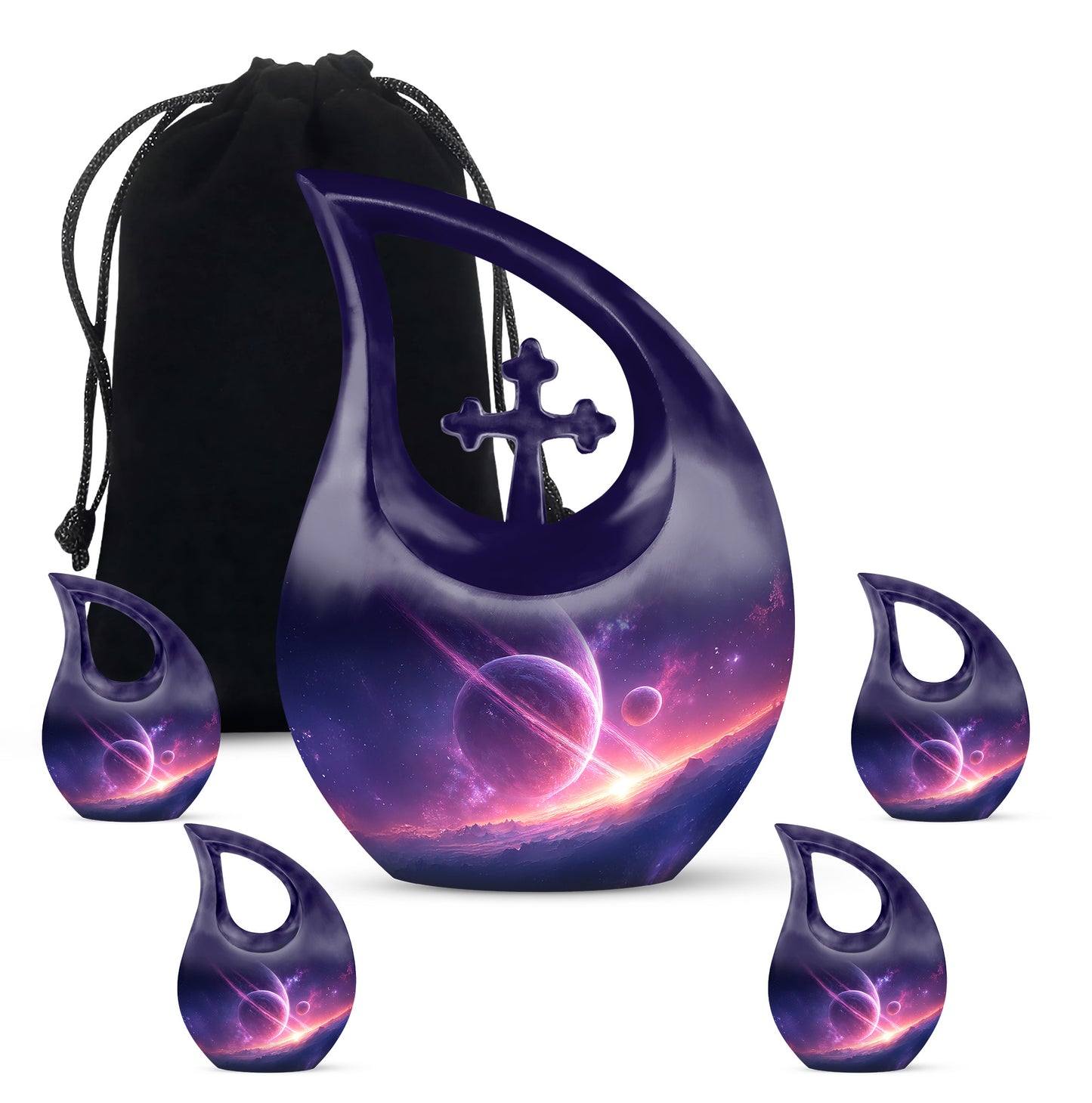 Indigo Galaxy Cremation Urn urn with complimentary velvet bag - cross and galaxy combined in spiritual memorial design - memorial set with one large and four small urns