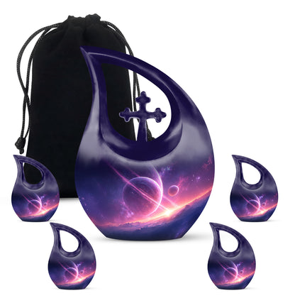 Indigo Galaxy Cremation Urn urn with complimentary velvet bag - cross and galaxy combined in spiritual memorial design - memorial set with one large and four small urns