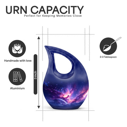 Calming Blue Galaxy Cremation Urn back view with polished surface - faith-inspired cross-drop urn with galaxy pattern - mini keepsake memorial for portion of cremation ashes