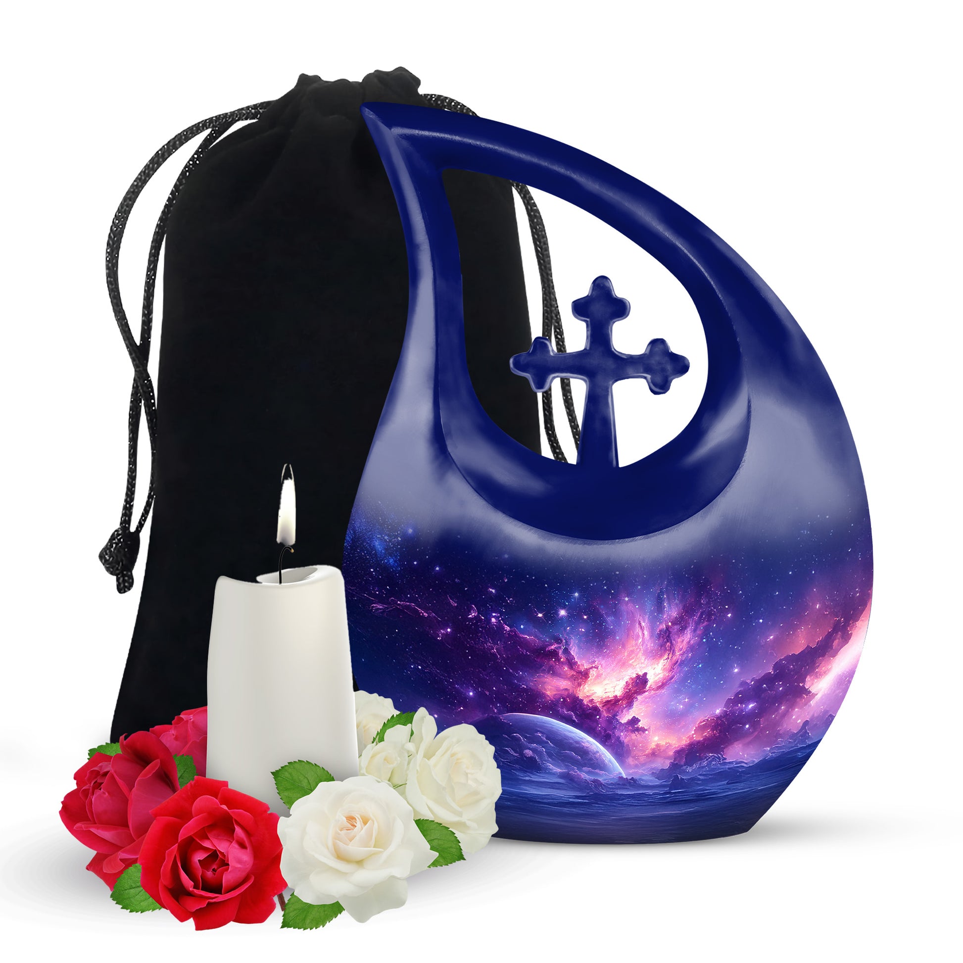 Dusty Blue Galaxy Cremation Urn top-down view of secure threaded lid - sacred cross merged with galaxy motif on metal - full-size 10 inch 200 cubic inch adult cremation urn