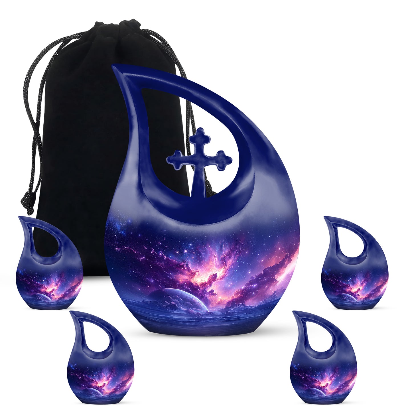 Royal Blue Galaxy Cremation Urn urn with complimentary velvet bag - faith-inspired cross-drop urn with galaxy pattern - memorial set with one large and four small urns