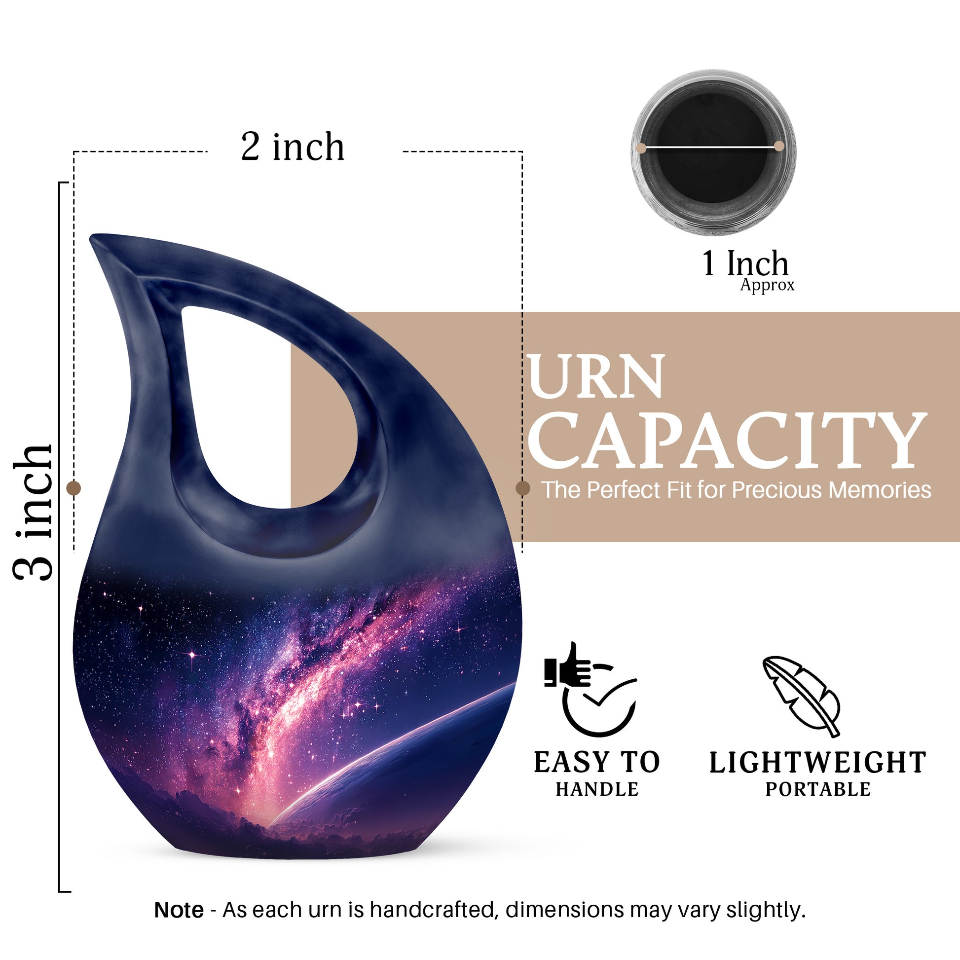 Twilight Blue Galaxy Cremation Urn back view with polished surface - devotional cross-drop galaxy engraving - mini keepsake memorial for portion of cremation ashes