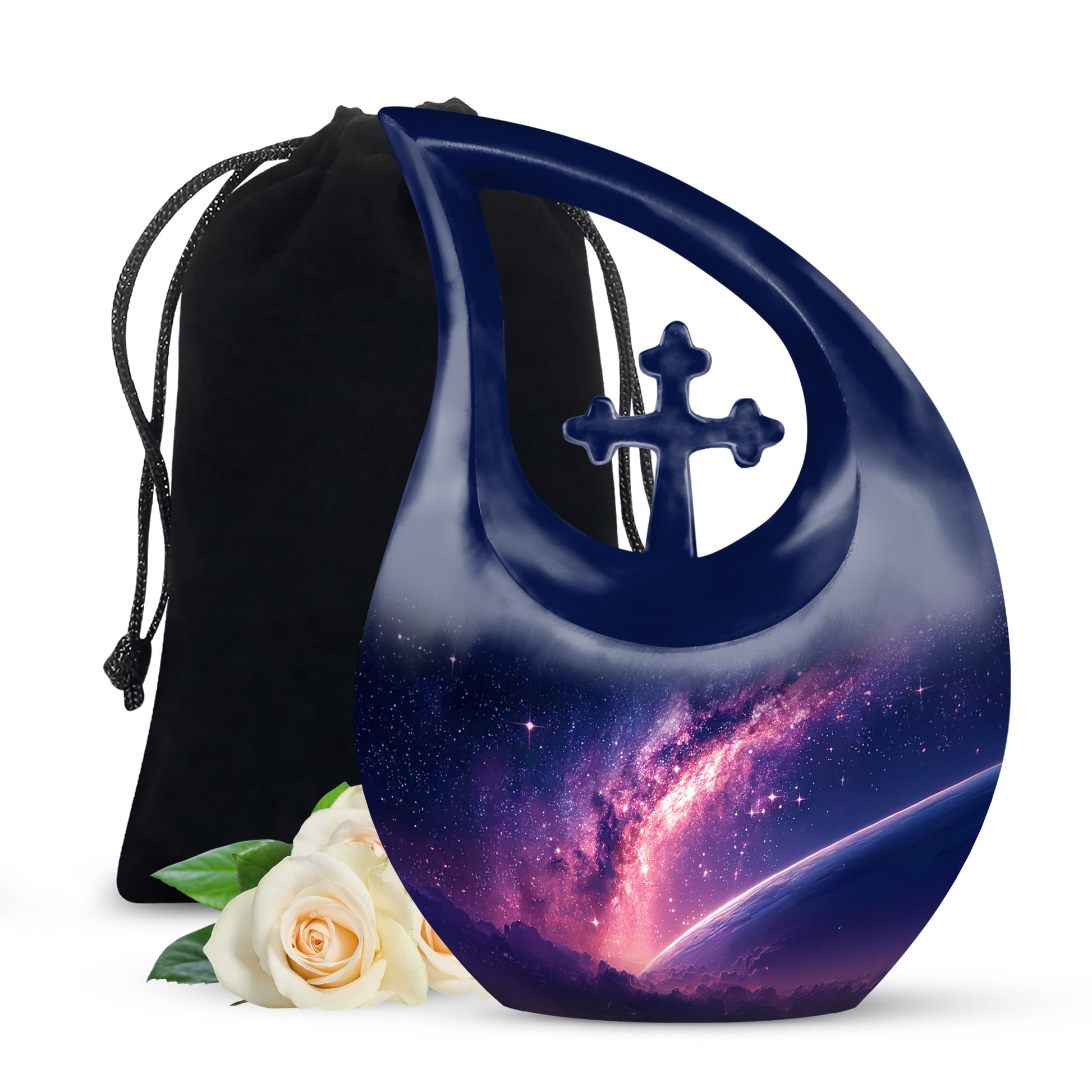 Cobalt Blue Galaxy Cremation Urn top-down view of secure threaded lid - devotional cross-drop galaxy engraving - full-size 10 inch 200 cubic inch adult cremation urn