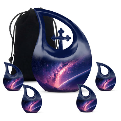 Powder Blue Galaxy Cremation Urn urn with complimentary velvet bag - sacred cross merged with galaxy motif on metal - memorial set with one large and four small urns