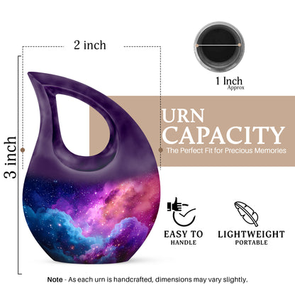 Pastel Blue Galaxy Cremation Urn back view with polished surface - sacred cross merged with galaxy motif on metal - mini keepsake memorial for portion of cremation ashes