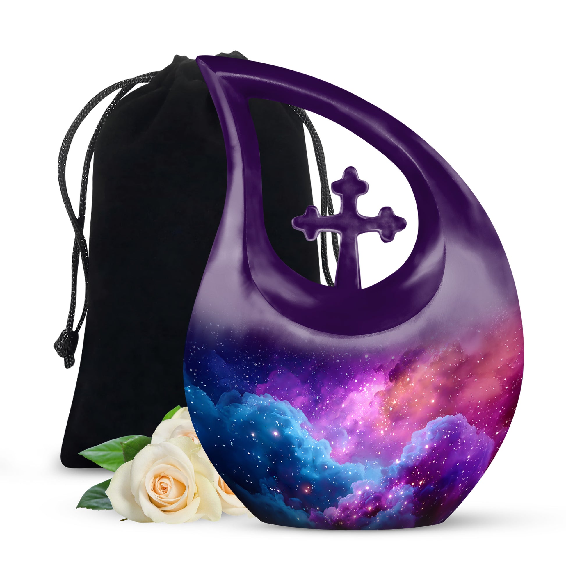 Sky Blue Galaxy Cremation Urn top-down view of secure threaded lid - cross and galaxy combined in spiritual memorial design - full-size 10 inch 200 cubic inch adult cremation urn