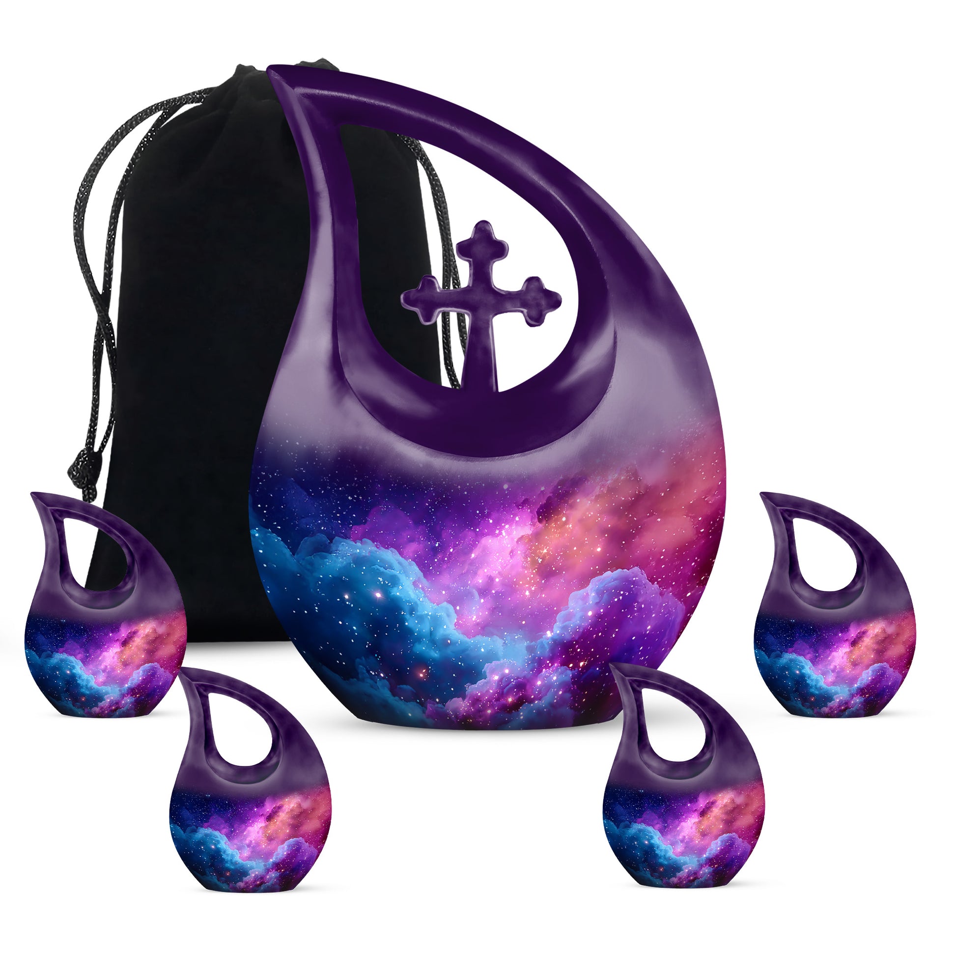 Twilight Blue Galaxy Cremation Urn urn with complimentary velvet bag - faith-inspired cross-drop urn with galaxy pattern - memorial set with one large and four small urns