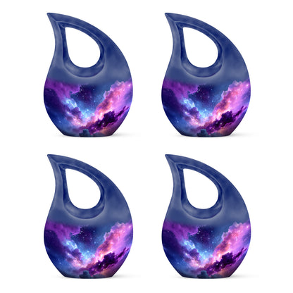 Celestial Blue Galaxy Cremation Urn lifestyle display on memorial shelf - cross and galaxy combined in spiritual memorial design - 10 inch aluminum urn for cremated remains