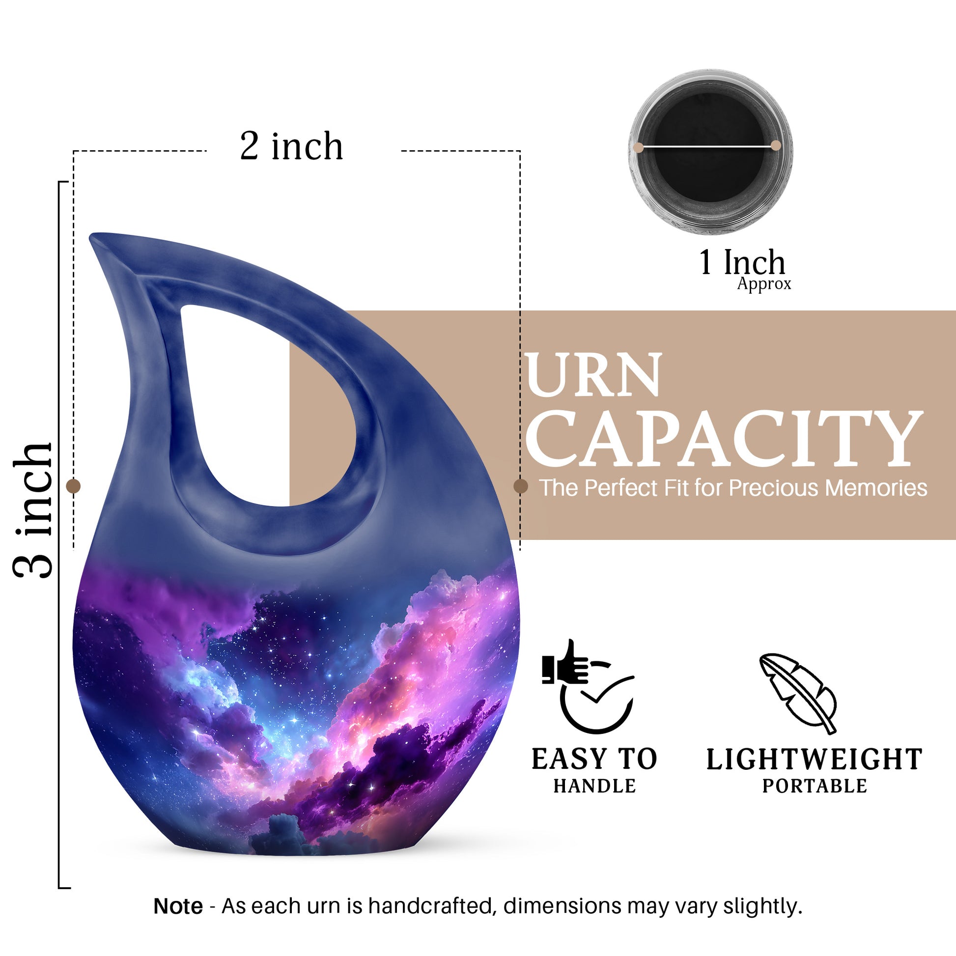 Steel Blue Galaxy Cremation Urn back view with polished surface - faith-inspired cross-drop urn with galaxy pattern - mini keepsake memorial for portion of cremation ashes