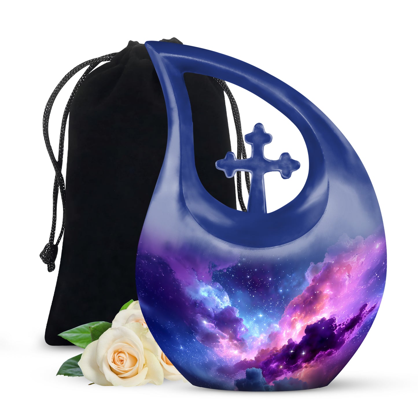 Vivid Blue Galaxy Cremation Urn top-down view of secure threaded lid - devotional cross-drop galaxy engraving - full-size 10 inch 200 cubic inch adult cremation urn