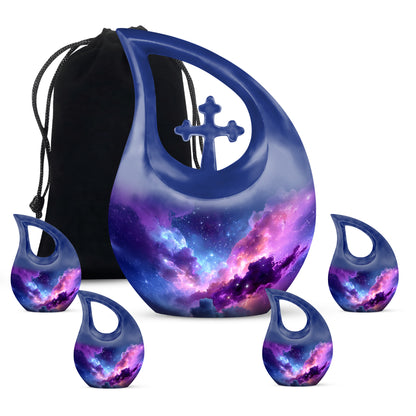 Bright Blue Galaxy Cremation Urn urn with complimentary velvet bag - faith-inspired cross-drop urn with galaxy pattern - memorial set with one large and four small urns