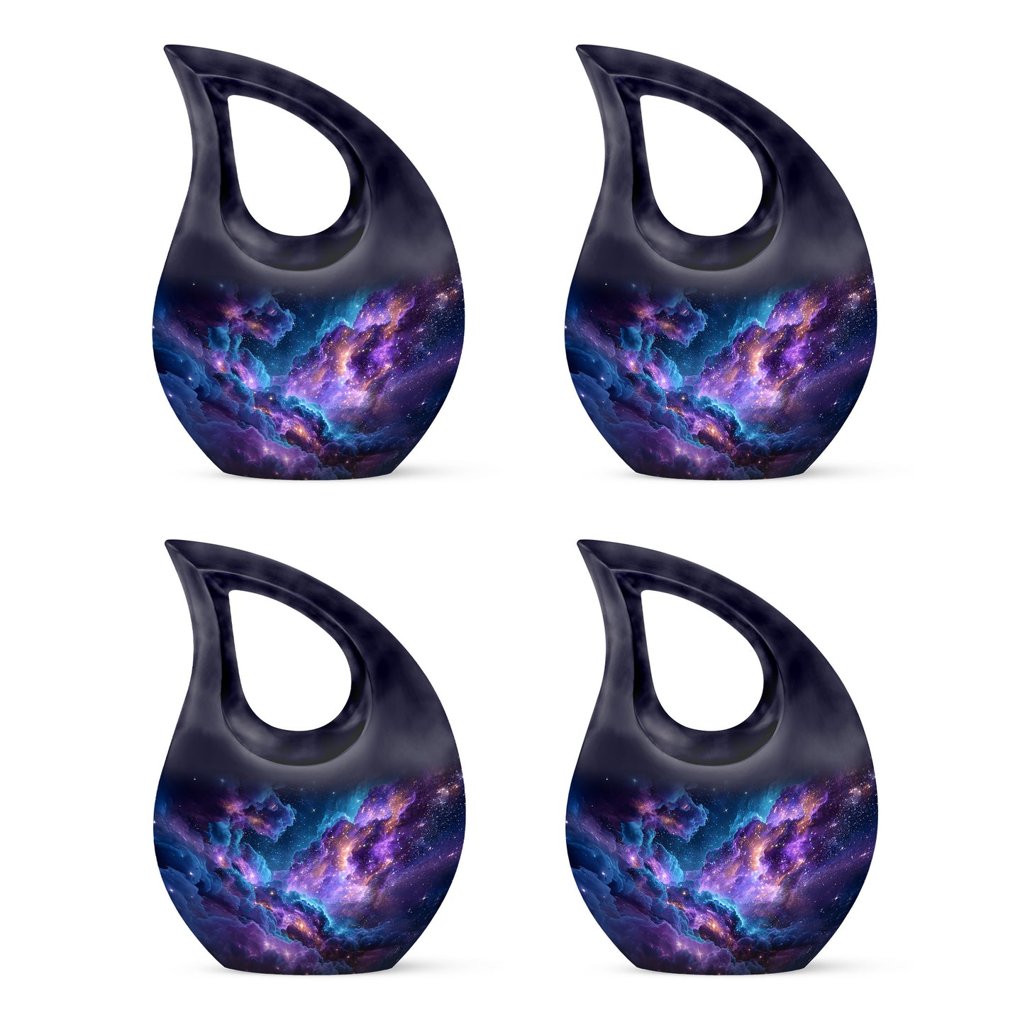 Azure Galaxy Cremation Urn lifestyle display on memorial shelf - cross and galaxy combined in spiritual memorial design - 10 inch aluminum urn for cremated remains