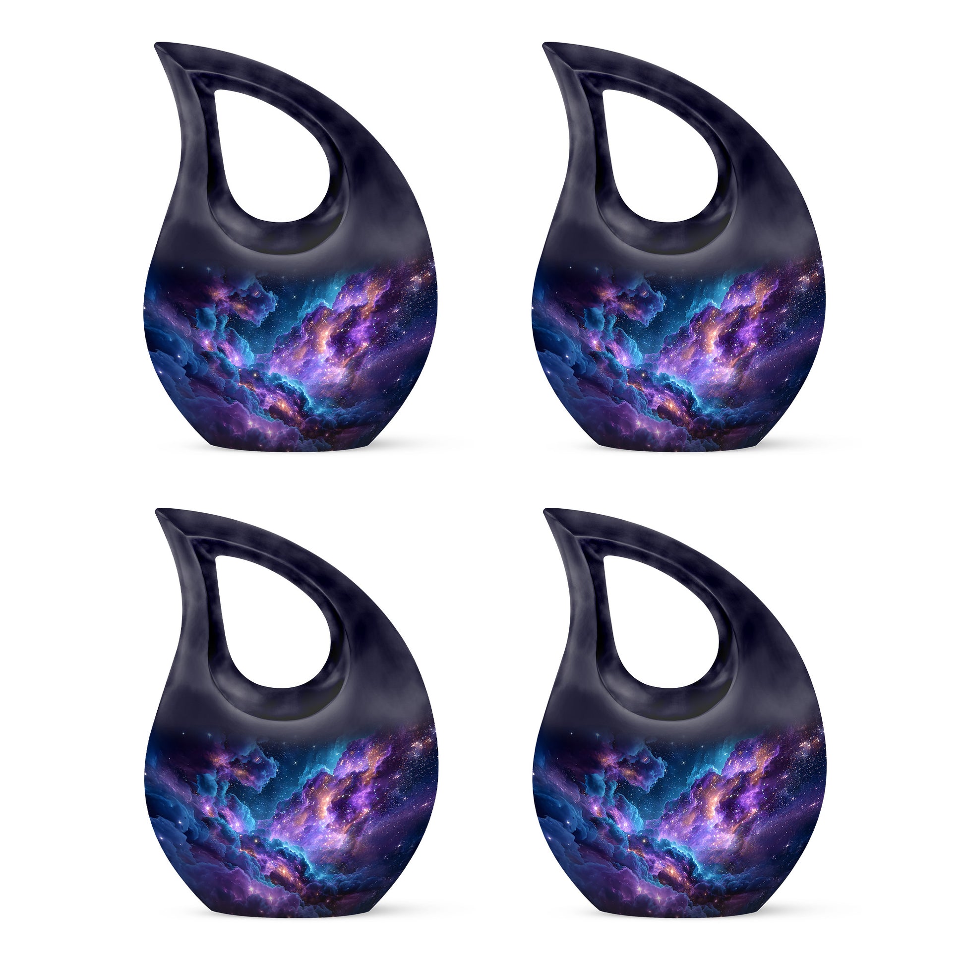 Azure Galaxy Cremation Urn lifestyle display on memorial shelf - cross and galaxy combined in spiritual memorial design - 10 inch aluminum urn for cremated remains